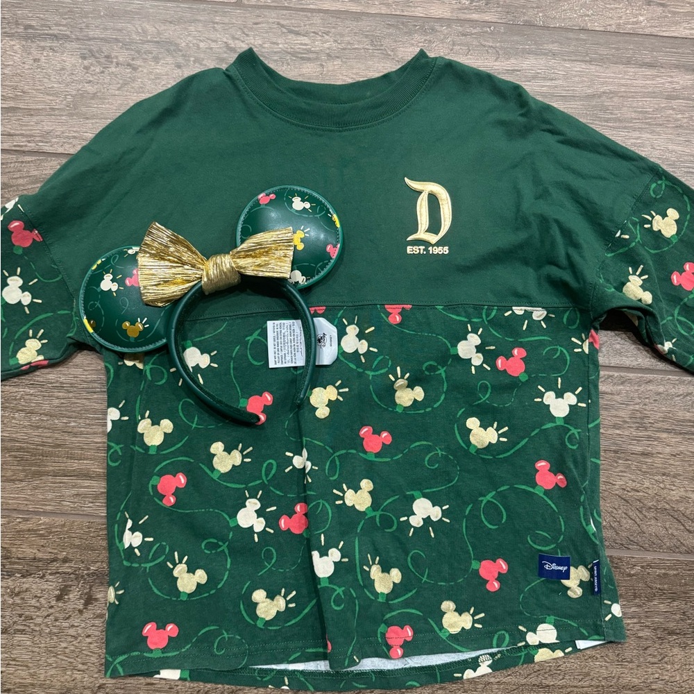 Disneyland Holiday Spirit Jersey Green Mickey Mouse Shirt with Ears